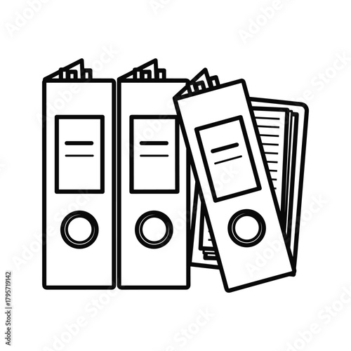 Three black outline binders with labels and rings on white background file files