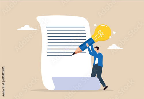 Smart young man utilizes big pencil with light bulb as he writes on paper, illustrating copywriter or blogger. Concept of generating ideas creativity and inspiration to writing and imagination