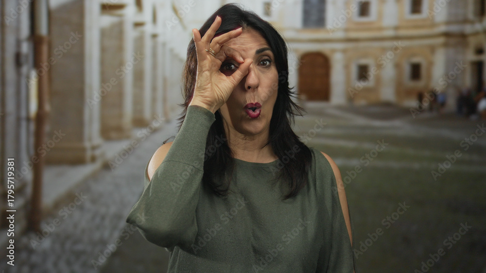 Fototapeta premium Hispanic middle age woman holds hand to eye in ok sign gesture at university building outdoors; approval.