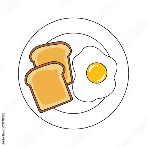 Two slices of toast and a fried egg on a white plate breakfast food