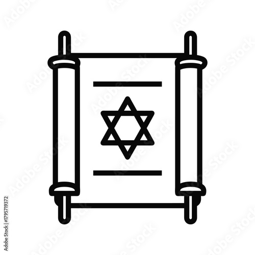 Black outline icon of a Torah scroll with Star of David Jewish symbol religious text