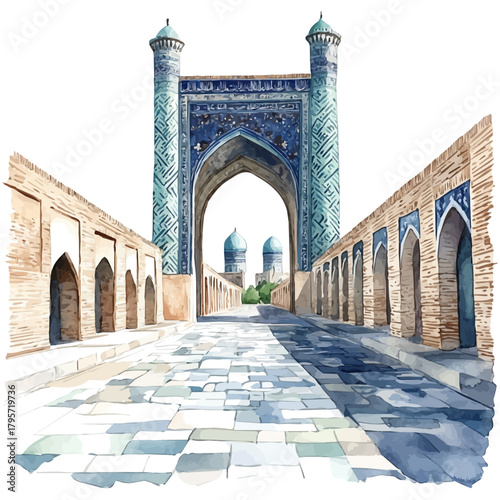 Bukhara Old City, watercolor clipart vector, isolated on a white background.