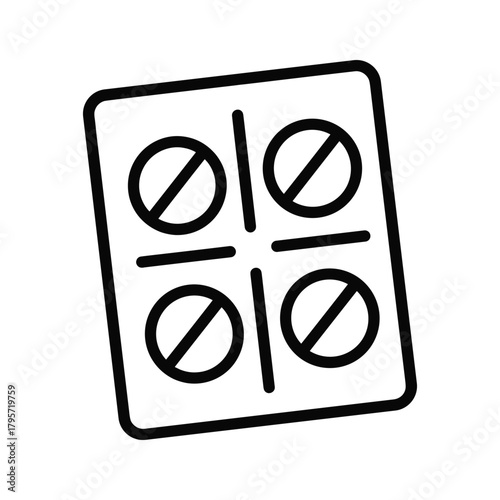 Black outline of four pills in a blister pack with prohibition signs medicine forbidden