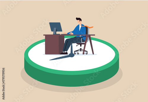 Flat illustration of businessman work on clock symbolizing routine of nine to five office job