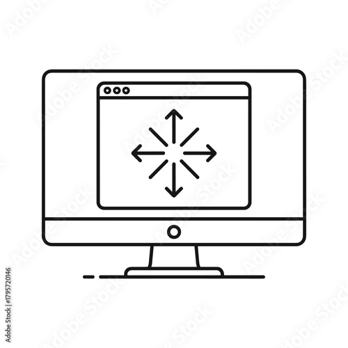 Computer monitor displaying a window with outward expanding arrows icon screen