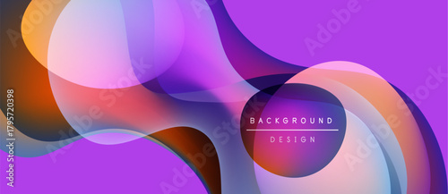 Abstract fluid shapes overlap, creating vibrant purple, orange hues. Text reads background design over soft gradient. Modern aesthetic.