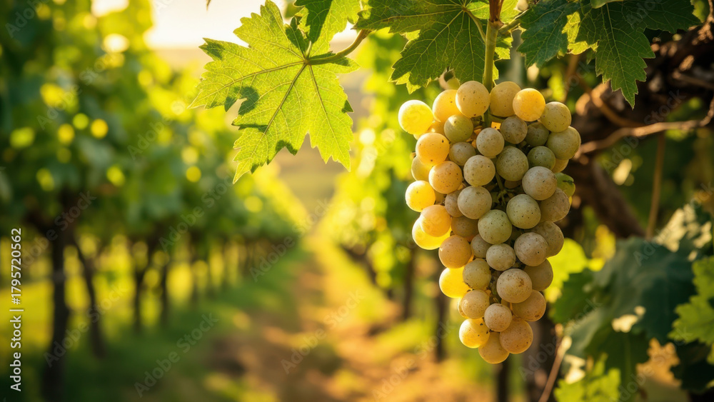 Fototapeta premium Ripe grapes hanging on the vine in a sunlit vineyard