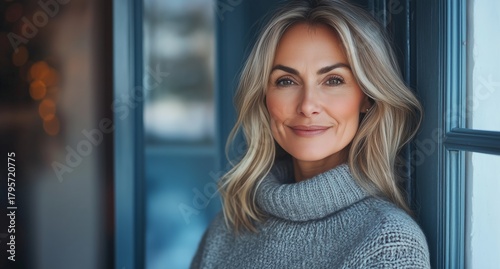 Confident Woman Smiling Near a Blue Window With Natural Light at Home in Winter Season