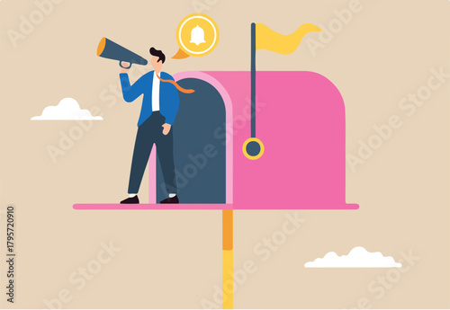 Businessman marketing open mailbox for subscriber notification in flat design