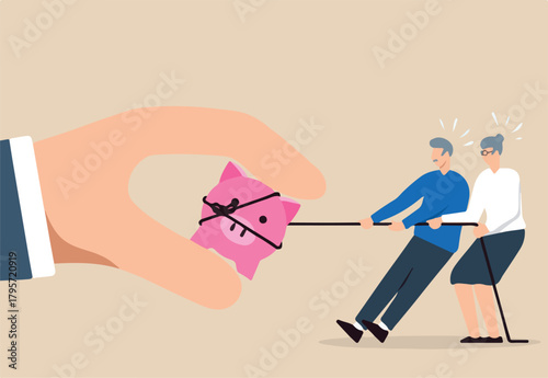 Elderly couple pulling rope to get their saving back from thief hand in flat design