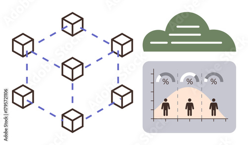 Blockchain network with connected blocks, statistical graph showing data distribution percentages, and cloud. Ideal for technology, data analytics, decentralization, cloud computing, prediction