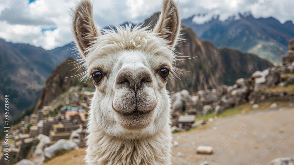 Naklejka premium Close-up of a llama with mountains and village in the background. Scenic landscape view with animals and nature.