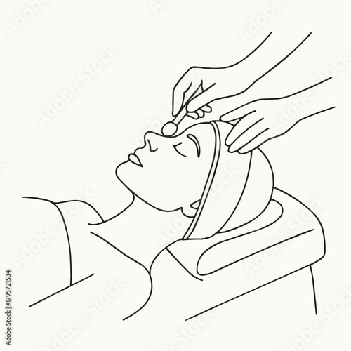 Line art of a woman receiving facial treatment in a spa  