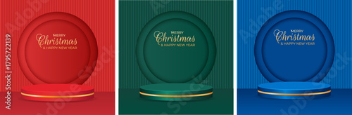 Set of festive Christmas and New Year's shop window backdrops featuring a 3D podium and gold text. Vector illustration.