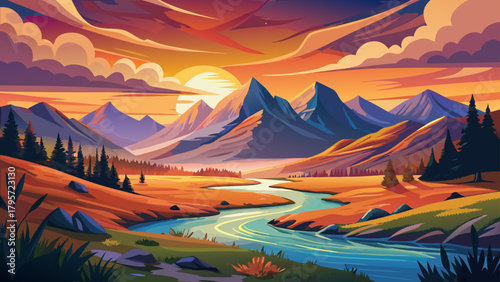 Very beautiful Owens River sunset landscape near Mammoth Lakes, California, featuring glowing skies, serene flowing water, open meadows, and distant mountain silhouettes in a peaceful natural setting.