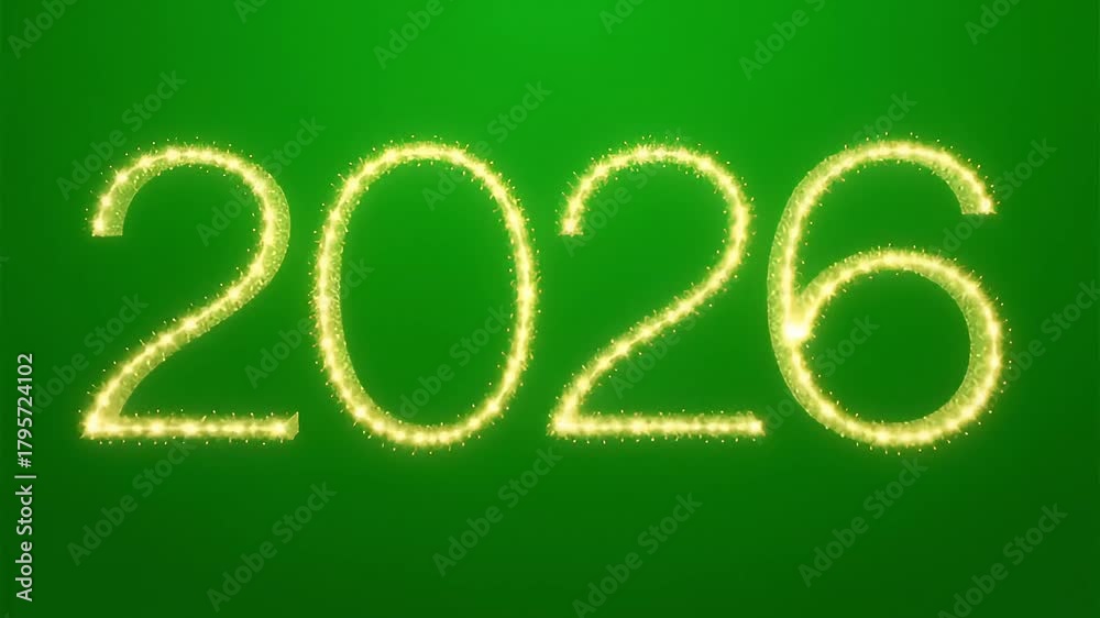 Happy New Year 2026, glittering light effect text on green screen ...