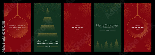 Set of modern Merry Christmas and Happy New Year 2026 greeting card or banner with dotted pattern elements for holiday design.