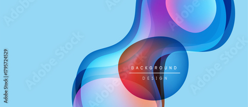 Abstract fluid shapes overlap, creating vibrant color gradients. Blue, pink, red hues dominate light background. Modern design element.
