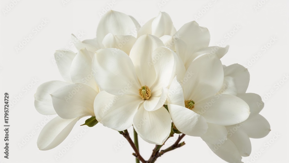 Obraz premium White magnolia flowers on a branch with petals overlapping and a neutral background. Botanical and floral concept, natural beauty, and elegance. The concept of flowering and plant life.