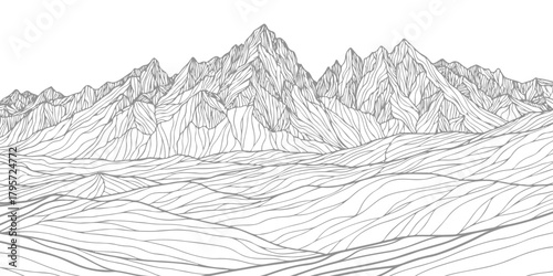 Abstract line art mountain range and rolling hills panorama illustration