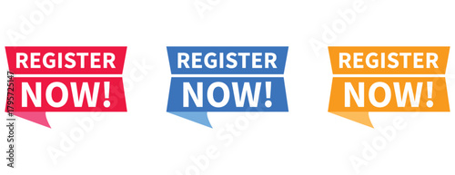 Register Now Web Banner Tags and Button Graphics in Vibrant Red, Blue, and Orange Colors, Enrollment, Sign Up, and Call to Action Element Vector