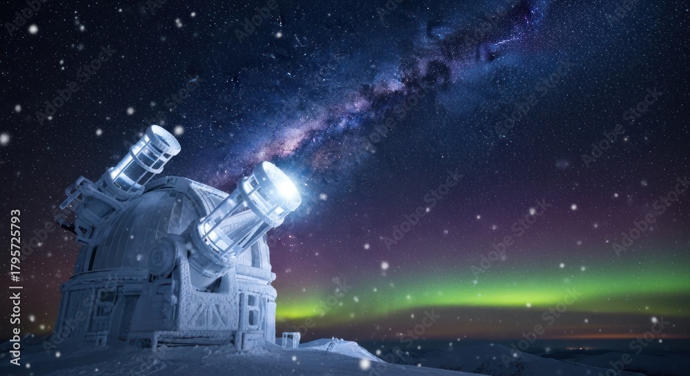 Fototapeta premium Observatory Telescope Under Starry Night Sky with Aurora Borealis.