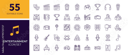 Entertainment icon set with 55 vector icons for movies, music, gaming, and performance