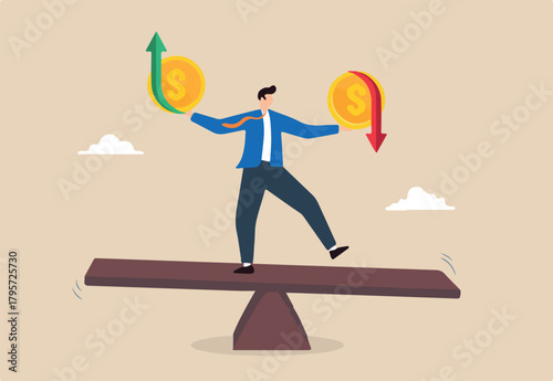Businessman balancing on seesaw and holding coin with profit and loss arrow