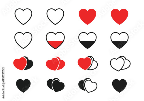 Assortment of heart icons in red, black, and outline styles