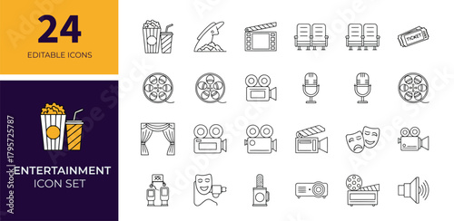 A set of 24 editable entertainment and movie icons, featuring cinema elements like popcorn, tickets, cameras, and masks