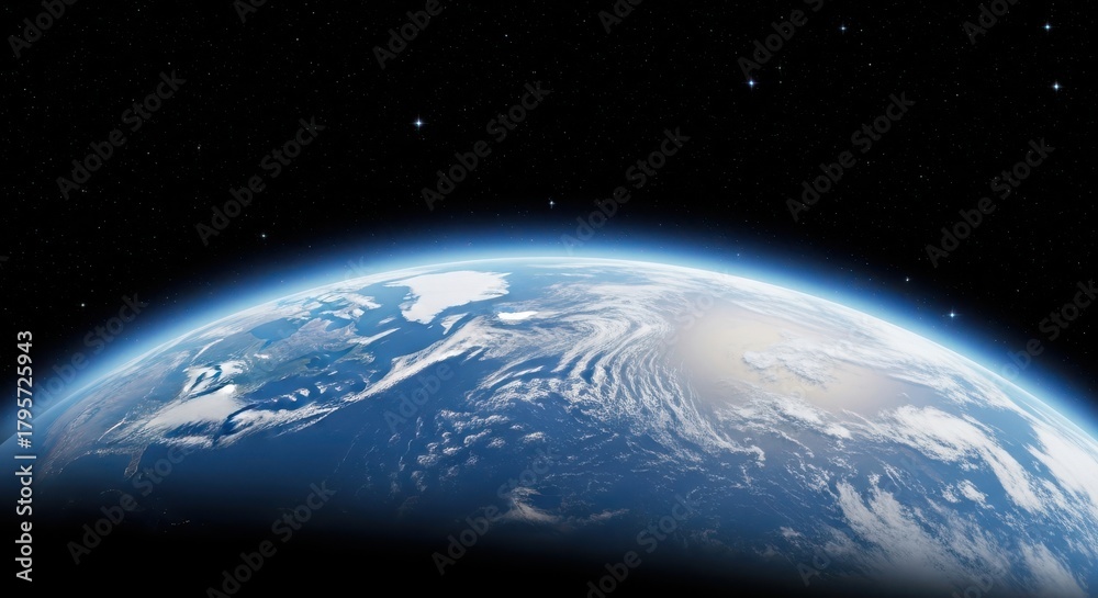 Obraz premium Closeup view of planet earth from space, showcasing the curvature of the planet with clouds and oceans, set against a dark starry sky