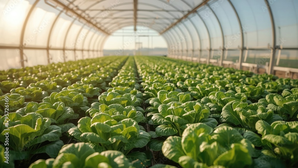 Fototapeta premium A greenhouse filled with lush green lettuce crops growing indoors under artificial lighting
