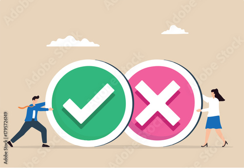 Two business people holding pros and cons, right and wrong symbols