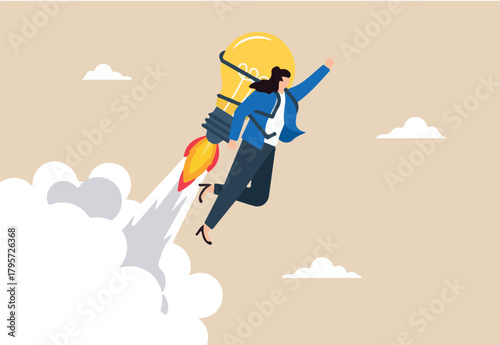Businesswoman flying high using lightbulb jetpack, illustrating innovation and creativity. Concept of ideas, motivation to reach success goals, career development, and business growth