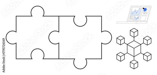 Two interconnected puzzles, a laptop showing growth charts, and a cube network diagram. Ideal for teamwork, analytics, problem-solving, collaboration, strategy innovation connectivity. Simple flat