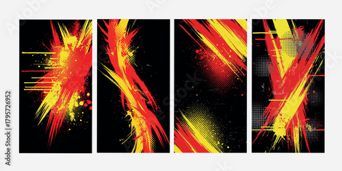 Abstract Dynamic Background Collection Featuring Splashes and Drips of Red and Yellow Paint for Contemporary Design Projects With Halftone Grunge Effect Texture With Black Backdrop up to 200 Char