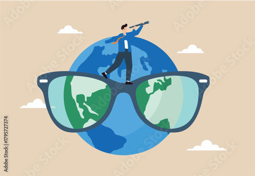 Businessman holds telescope while standing on world map eyeglasses, illustrating global business vision. Concept of international business opportunities, exploring new markets, seeking career abroad
