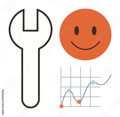 Wrench, happy face, and rising graph reflect improvement, happiness, and success. Ideal for productivity, analytics, teamwork achievement problem-solving strategy and progress. Simple flat