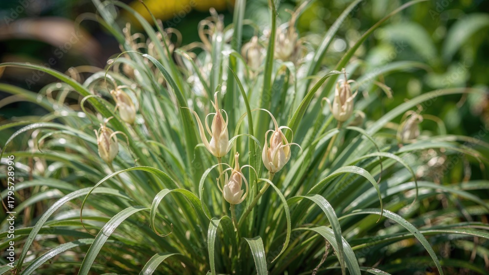 Fototapeta premium A plant with long, arching leaves and pale, bulbous flower buds labeled as 2090.