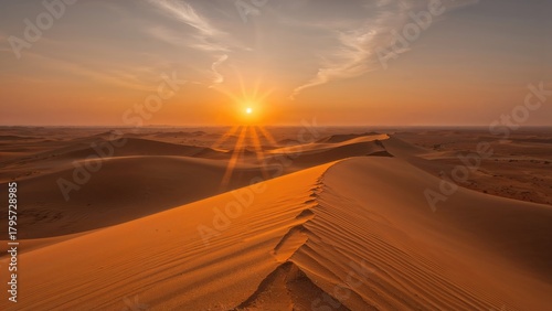 Fototapeta Naklejka Na Ścianę i Meble -  Desert landscape at sunset with sand dunes and a glowing sun on the horizon.
