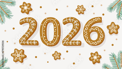 2026 year numbers made of gingerbread cookie, vector. Happy new year, winter illustration