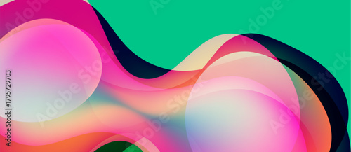 Abstract vibrant shapes overlap, creating fluid colorful composition. Turquoise background complements pink, orange hues. Modern design.