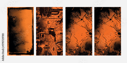 Grunge background design orange set in abstract distress texture and halftone element vector illustration banner effect of artistic rough banner template