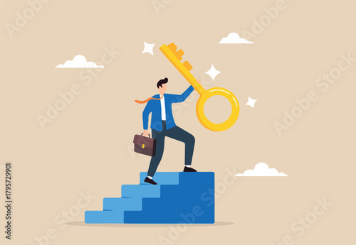Victorious businessman ascends to the top of stairway lifting golden success key towards the sky. Concept of find secret key or achieve career targets