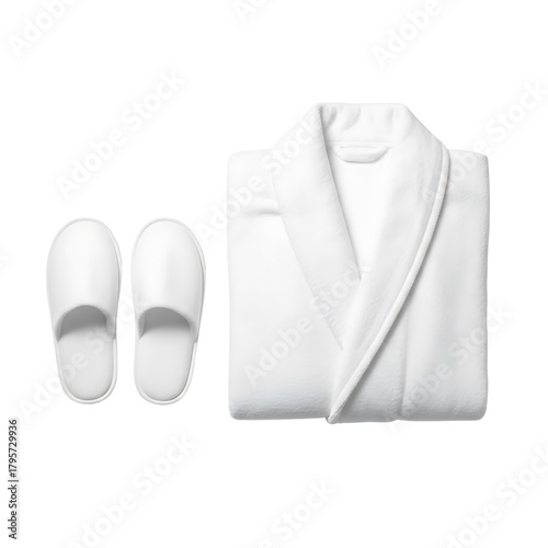 White bathrobe and slippers in minimalist design on white background  