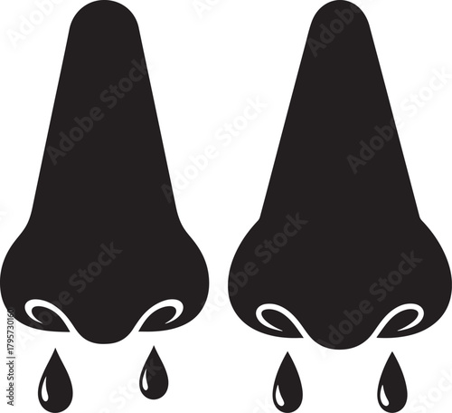 Two black silhouette noses dripping with water droplets silhouette