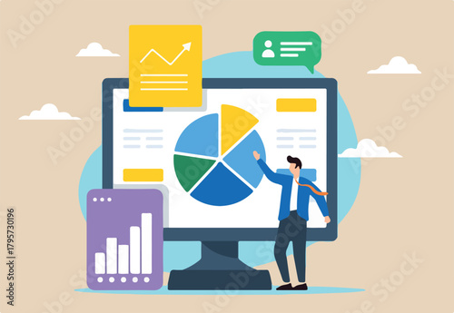 Businessman using resource planning software to analyze pie chart, illustrating managing projects and resources using ERP or marketing tools. Concept of optimizing processes utilizing CRM systems