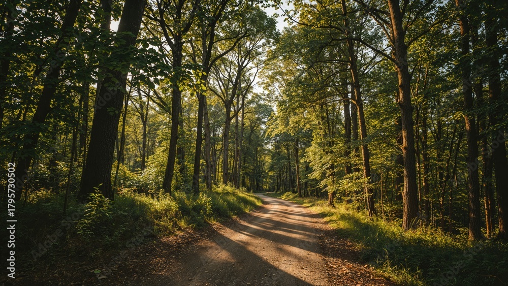 Fototapeta premium A forest scene with tall trees and a dirt path, illuminated by sunlight filtering through the leaves.