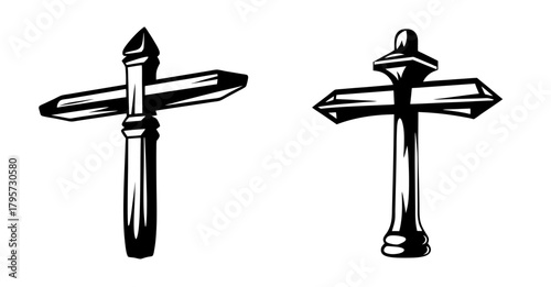 Two stylized cross-shaped directional signs pointing left and right with ornate finials and detailed shafts