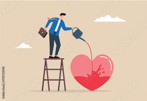 Businessman pouring water to fill heart illustrating work passion and motivation to succeed. Concept of attitude of finding fulfillment in work we love to do, fostering mindset dedicated to success